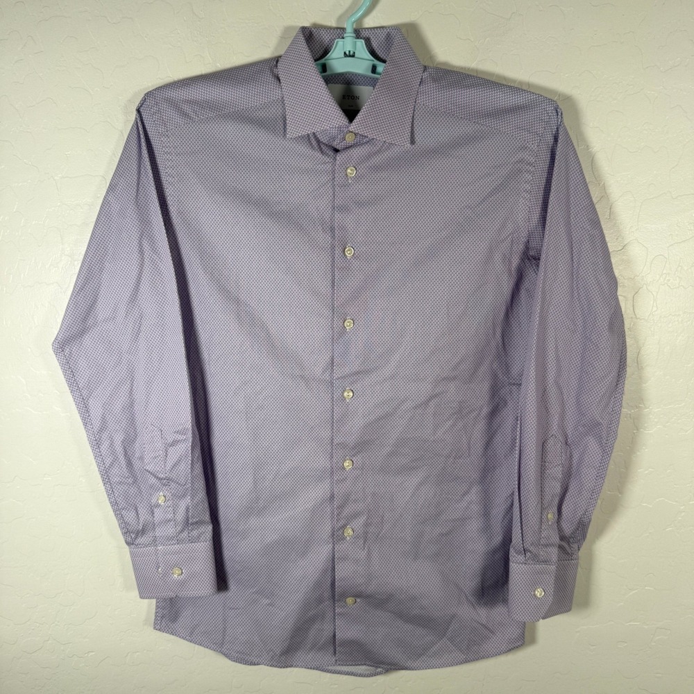 Eton Dress Shirt Mens 15.5 39 Purple Geometric Print Slim Fit Long Sleeve Cotton